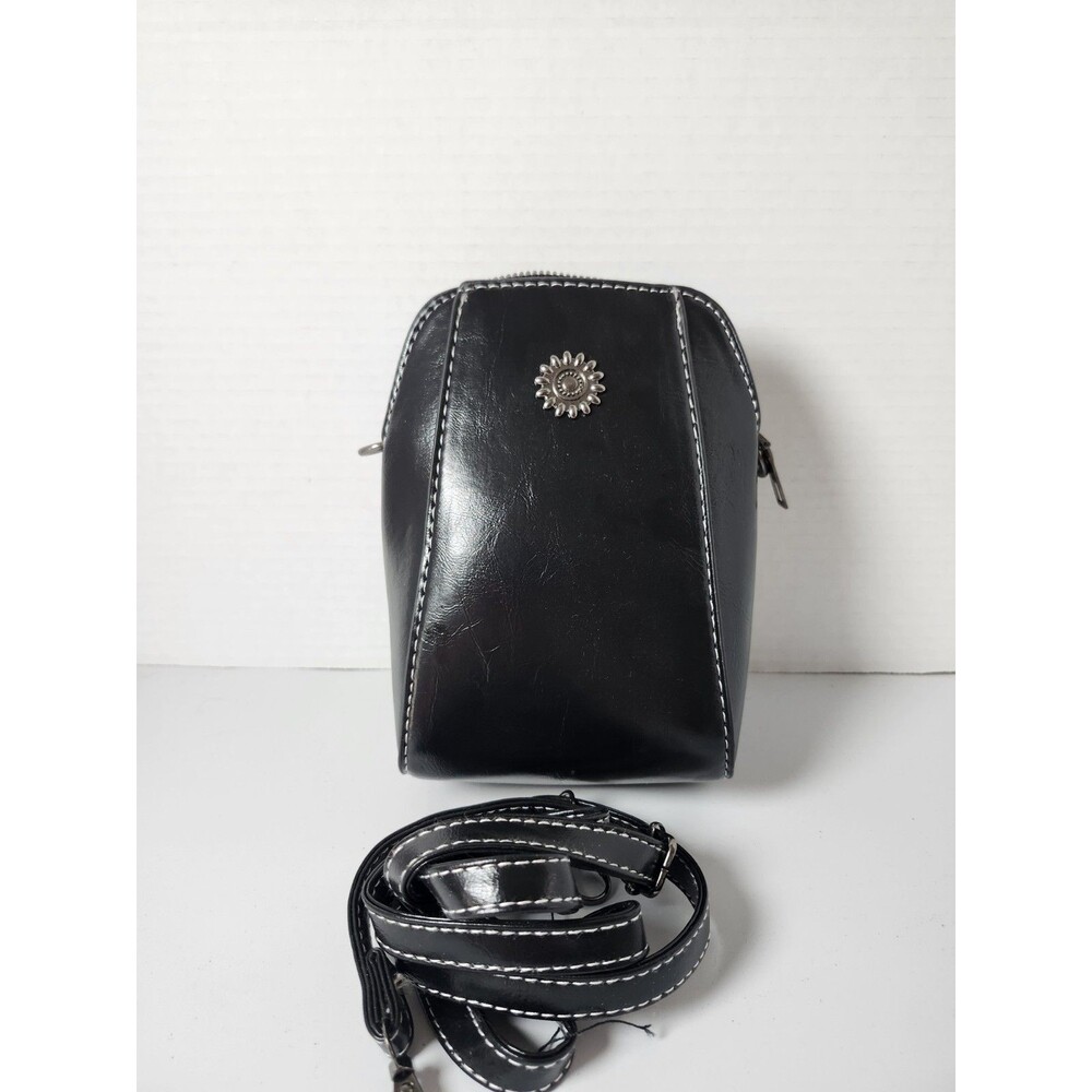Black Faux Leather Crossbody Bag Small Shoulder Purse with White Stitching